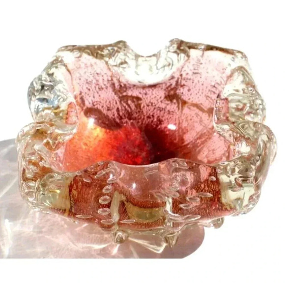 Vtg MID CENTURY Retro Orange Art Glass Metallic Bubbles Color Dish Ashtray - Picture 2 of 4